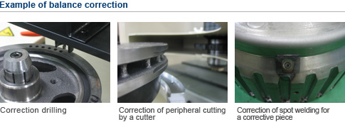 Example of balance correction | Correction drilling | Correction of peripheral cutting 
by a cutter | Correction of spot welding for a corrective piece